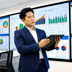 A professional Vietnamese marketing manager, fully clothed in a modest business suit, stands confidently in a modern, brightly lit office. Behind them, large digital screens display complex data visualizations and market trend graphs related to construction materials. The manager holds a tablet, gesturing towards the screen, indicating strategic thinking and data-driven decision-making. The pose is natural and professional. The image conveys innovation and efficiency. Safe for work, appropriate content, fully clothed, professional dress, perfect anatomy, correct proportions, natural pose, well-formed hands, proper finger count, natural body proportions, high quality.