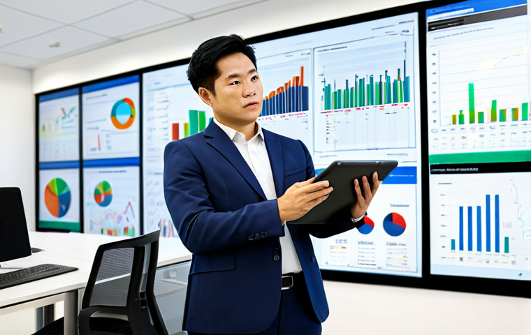 A professional Vietnamese marketing manager, fully clothed in a modest business suit, stands confidently in a modern, brightly lit office. Behind them, large digital screens display complex data visualizations and market trend graphs related to construction materials. The manager holds a tablet, gesturing towards the screen, indicating strategic thinking and data-driven decision-making. The pose is natural and professional. The image conveys innovation and efficiency. Safe for work, appropriate content, fully clothed, professional dress, perfect anatomy, correct proportions, natural pose, well-formed hands, proper finger count, natural body proportions, high quality.