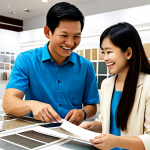 **

"A modern Vietnamese family selecting tiles for their new home at a brightly lit showroom. The family is fully clothed in stylish, modest clothing. Focus on the father pointing to a sample with a smile, the mother holding a brochure, and their two children looking interested. The showroom features a wide variety of tile options in neutral tones with accents of Vietnamese ceramics. High quality product photography, safe for work, appropriate content, fully clothed, professional, modest, family-friendly, perfect anatomy, natural proportions."

**