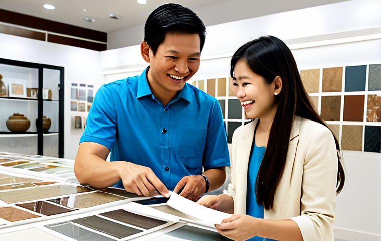 **

"A modern Vietnamese family selecting tiles for their new home at a brightly lit showroom. The family is fully clothed in stylish, modest clothing. Focus on the father pointing to a sample with a smile, the mother holding a brochure, and their two children looking interested. The showroom features a wide variety of tile options in neutral tones with accents of Vietnamese ceramics. High quality product photography, safe for work, appropriate content, fully clothed, professional, modest, family-friendly, perfect anatomy, natural proportions."

**