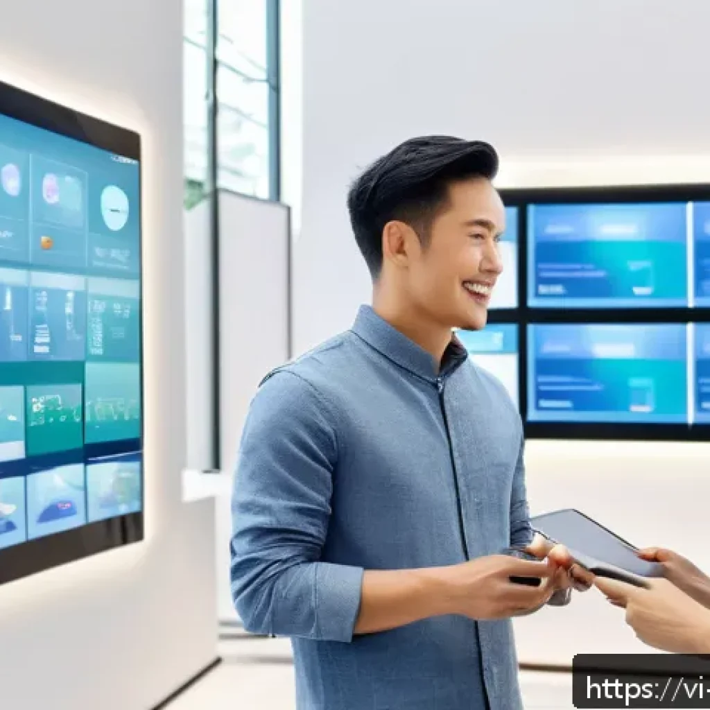 건축자재 마케팅에서의 AI 활용 - A modern Vietnamese construction materials showroom scene featuring diverse customers interacting wi...
