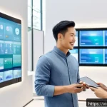 Home 20 건축자재 마케팅에서의 AI 활용 - A modern Vietnamese construction materials showroom scene featuring diverse customers interacting wi...