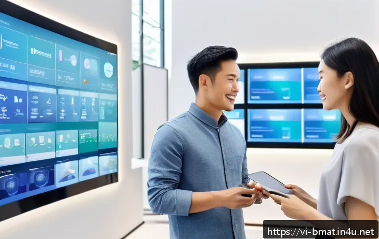 건축자재 마케팅에서의 AI 활용 - A modern Vietnamese construction materials showroom scene featuring diverse customers interacting wi...
