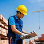 Home 19 건축자재 마케팅 전략 수립 워크샵 - A modern Vietnamese construction site scene during daytime, featuring diverse workers wearing safety...