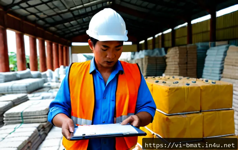 Home 17 건축자재 시장 조사 방법 - Photorealistic Vietnamese construction materials market research scene, a professional surveyor in a...